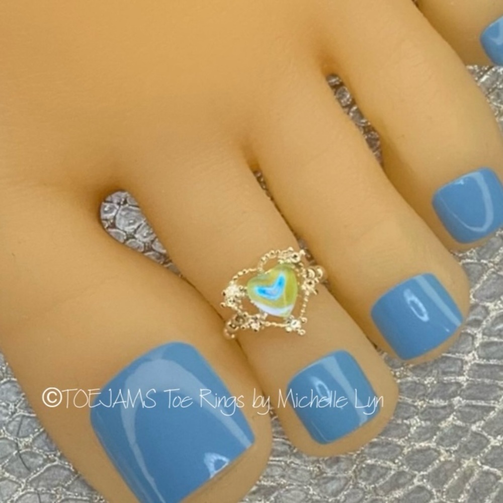 💚TOE RING HEART Silver/Chartreuse Green Iridescent Handmade Elastic Stret…